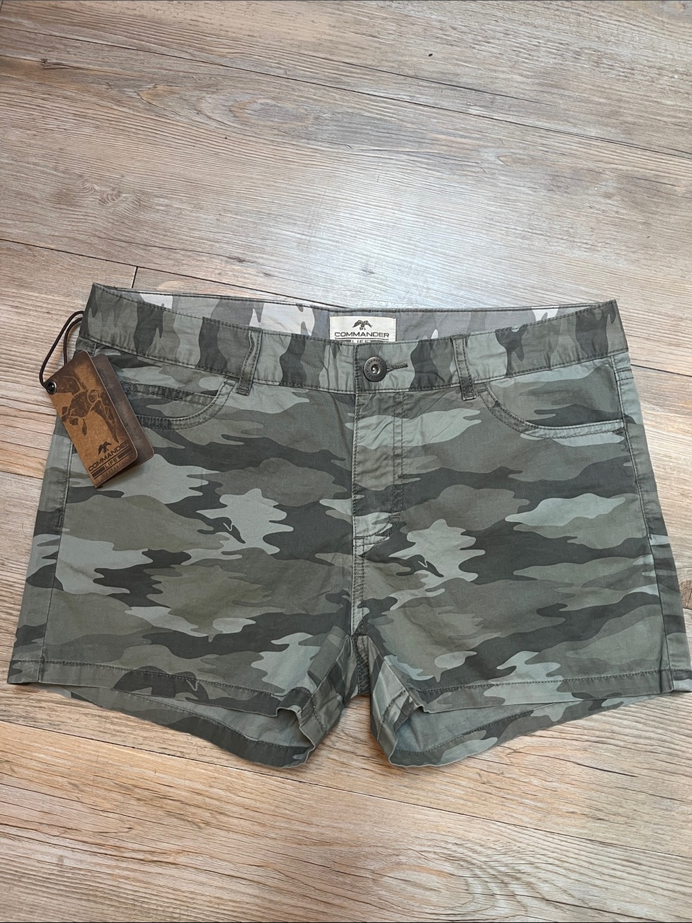 Women’s Camo Mid-Rise Jean Shorts - Olive Green. Commander Life Apparel.
